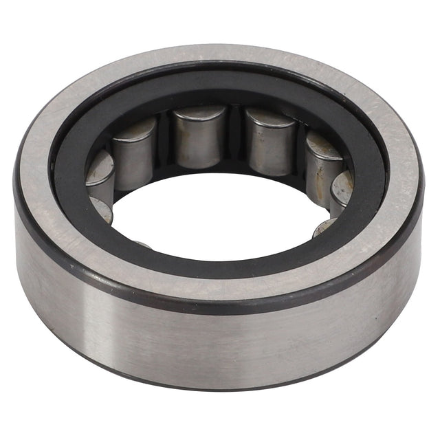 The AGCO Roller Bearing - F385101050031 is a cylindrical roller bearing with a metallic outer ring, inner ring, and several cylindrical rollers visible inside the bearing. Currently, no product description is available for this item.