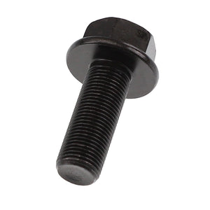 Close-up view of the AGCO | HEXAGON FLANGE BOLT - AG517556, featuring a black hex bolt with a flanged head and threaded shaft, positioned against a white background. This product description highlights the meticulous design that ensures reliability in current industrial applications.