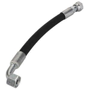 Introducing the AGCO Hydraulic Hose - Acw1823720, a flexible black hose featuring metal fittings on both ends, including one straight fitting and one bent at a 90-degree angle.