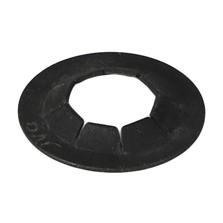 The AGCO PUSHNUT FASTENER - CH5V-1496 is a durable, black, round metal washer with an irregular central hole and segmented sections around the opening, perfect for mechanical projects or repair tasks.