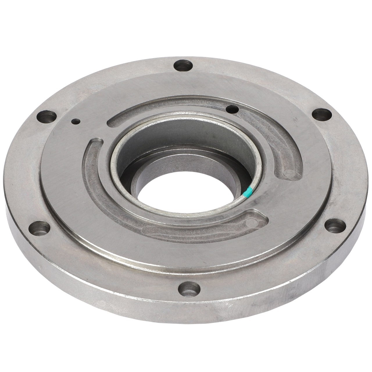 The AGCO COVER - AG137553 is a circular metallic mechanical part featuring a central hole and several smaller holes around the perimeter, likely intended for mounting or rotating purposes in machinery. No further product description information is available at this time.