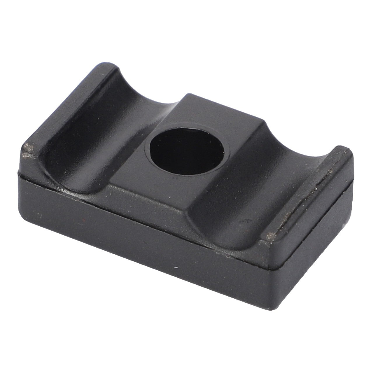 The AGCO Clip - 733868M1 is a black plastic component with a central circular hole and two raised edges on either side. It appears to be a mount or holder designed for compatibility with Fendt models and Massey Ferguson models, ensuring it fits various equipment configurations.