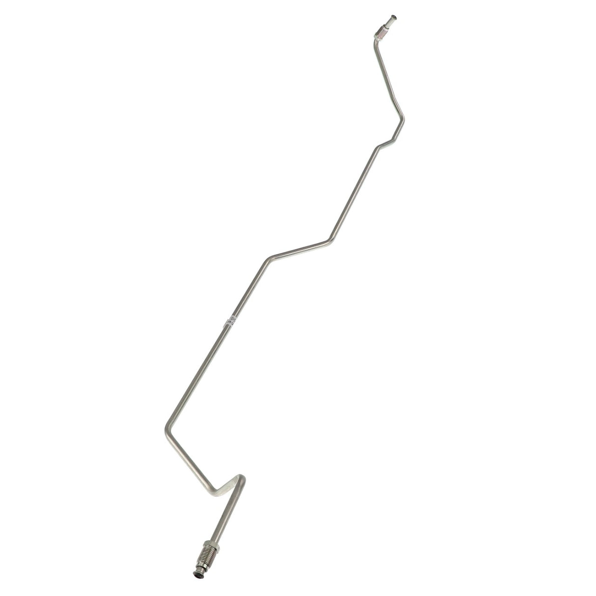 A metallic, zigzag-shaped AGCO | Pipe - Acw019905A automotive brake line with connector fittings on both ends, presented against a pristine white background.