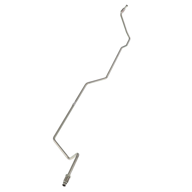 A metallic, zigzag-shaped AGCO | Pipe - Acw019905A automotive brake line with connector fittings on both ends, presented against a pristine white background.