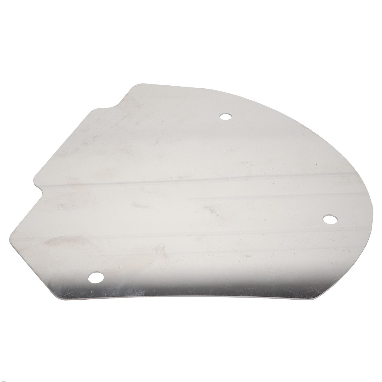 The AGCO Cowl - Acw1423460, branded by AGCO, is a metal sheet with an irregular shape that features three vertically aligned holes on the left side. It has a silver surface with some minor scratches and scuffs. Detailed product description information is not available at this time.