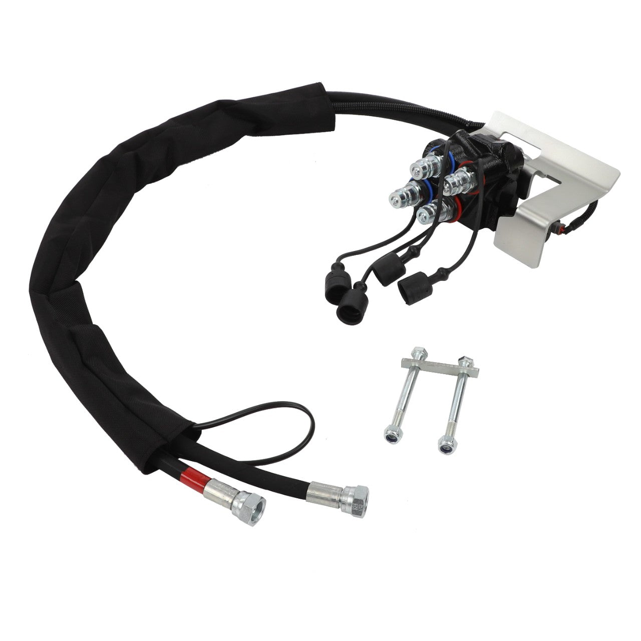 The AGCO | Kit, Service - Acp0297040, featuring an automotive wiring harness assembly with connectors, is mounted on a bracket and comes with two strategically placed metal bolts.