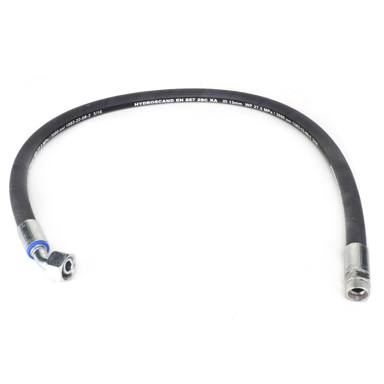 The AGCO | Hydr. Hose - Acw0189250 is a sturdy, black flexible hose featuring metal fittings on both ends, clearly labeled with specifications along its length.