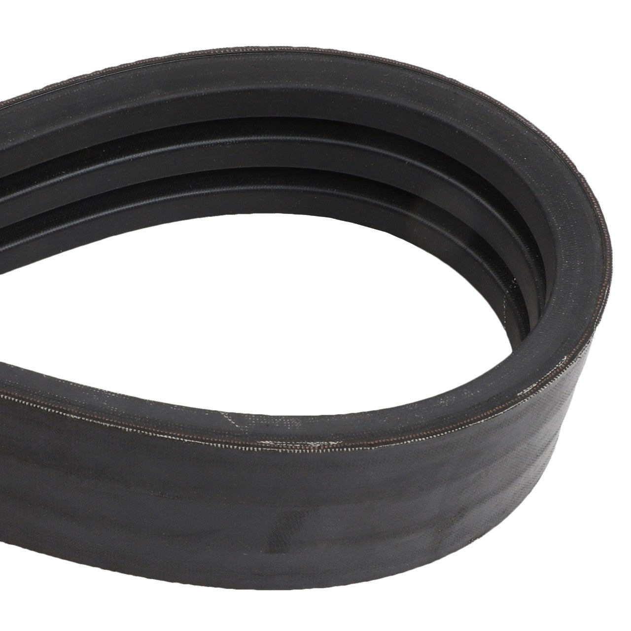 Close-up of the AGCO Belt - Acw1680830, a black rubber belt shaped in a loop, showcasing its sturdy texture and smooth surface. This high-quality belt exemplifies AGCO's commitment to durability and performance.