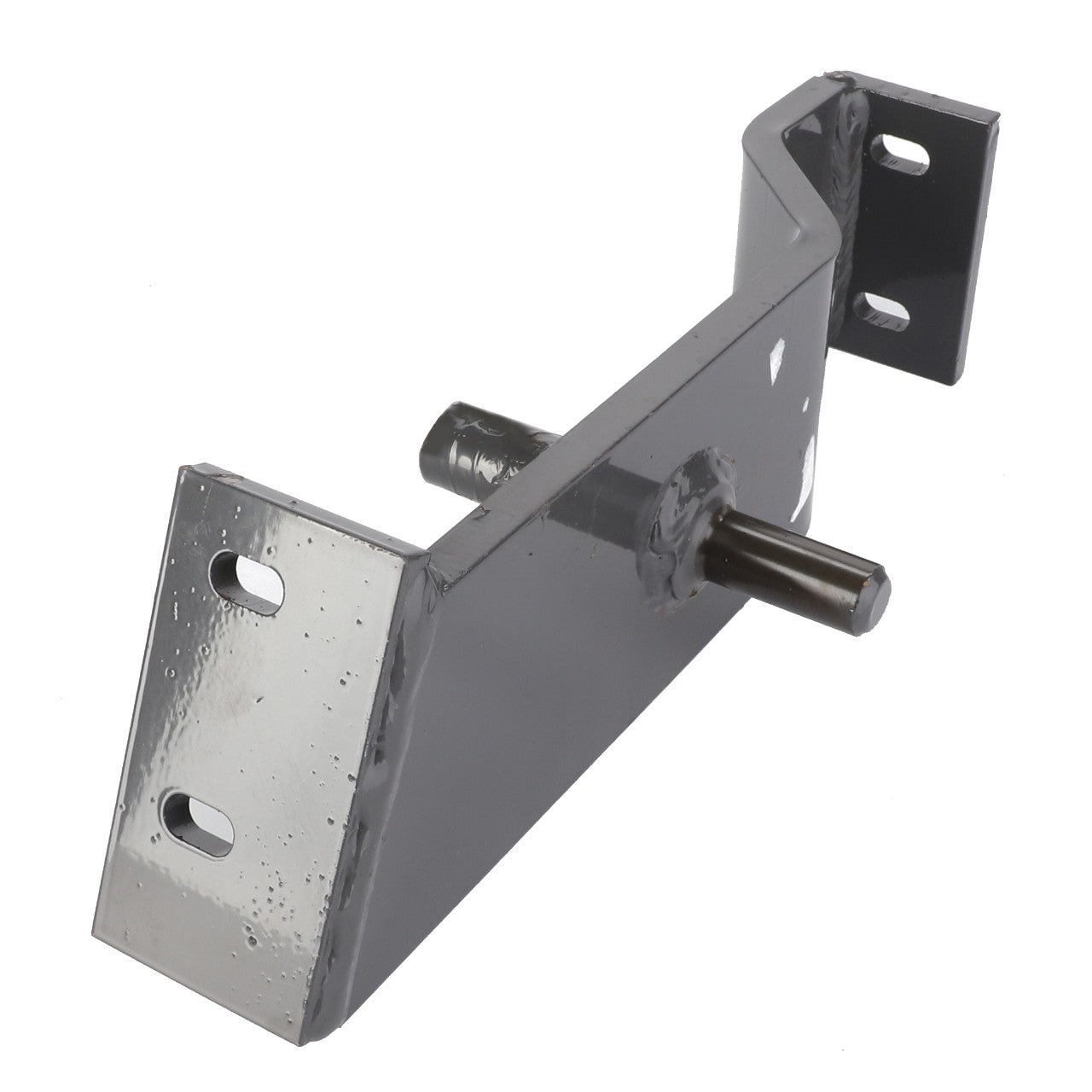 The AGCO Upper Sieve Frame Silentblock Support, Left - D28480856 is a steel bracket with mounting holes and a cylindrical protrusion, designed for mechanical or structural applications to ensure maximum uptime and machinery efficiency.