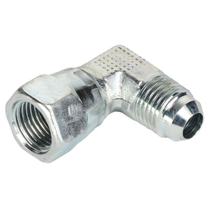 The AGCO | ADAPTER - AL5028051 is a metal elbow pipe fitting featuring a 90-degree angle, with a threaded female connection on one end and a threaded male connection on the other end. No additional product description information is currently available.