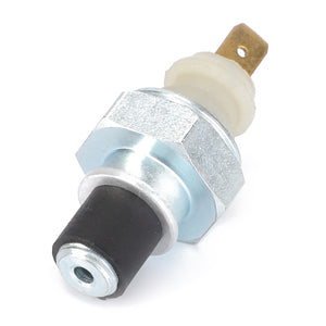 Close-up of the AGCO Oil Pressure Sensor - 3815773M92 featuring a metallic pressure switch with a hexagonal base, a black rubber cap at one end, and two electrical connectors at the opposite end—compatible with Fendt models.