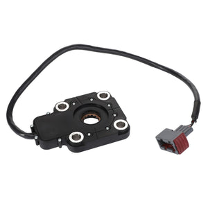 The AGCO | SASA II SENSOR - ACZ0001550 is a rectangular vehicle sensor from AGCO, featuring an attached cable and connector. It is equipped with mounting holes and a circular inner component to ensure precise measurements.