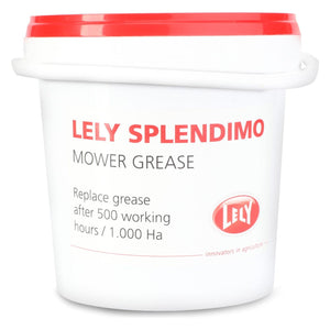 A white container with a red lid is labeled "Grease - 9-1171-0102-0." The text advises replacing the grease after 500 working hours or 1,000 hectares. It is suitable for Lely, Massey Ferguson, Fendt models, and Valtra models. The AGCO logo is visible on the lower right side.