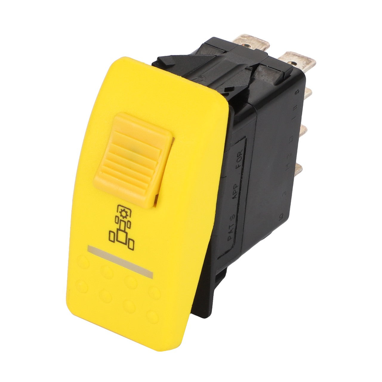 The AGCO Switch - Acp0367420 by AGCO is a yellow and black rectangular rocker switch featuring multiple metal prongs on the back and an icon of a mirror adjustment on the yellow section.