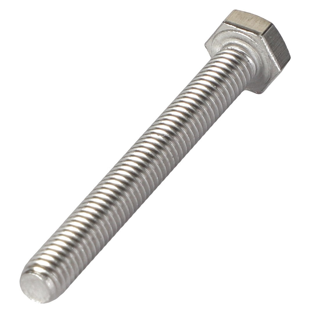 The AGCO Hexagonal Head Bolt - Acp0000180, featuring a threaded body, is crisply displayed against a pristine white background.