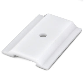 The AGCO | Guide - 4352997M2 is a rectangular white plastic bracket with a central circular hole, designed for durability and featuring two raised edges—making it perfect for use with Dyna-6 systems on your Massey Ferguson.