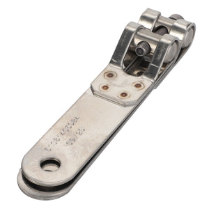 Introducing the AGCO Band Clamp - Acp0593020, a metal hinge component featuring a flat, elongated end and interconnected rotating parts at the top. Note that there is no current product description available for additional details.