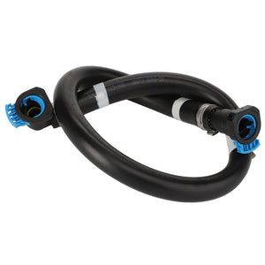 Image of the AGCO | Fuel Hose - Acw314383A, a coiled black hose featuring vibrant blue connectors on each end.