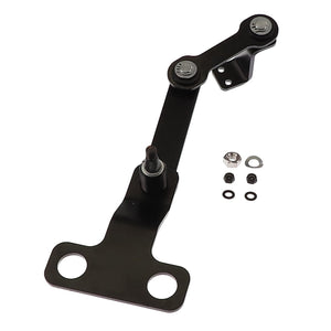 A black metal wiper mount with multiple holes and pivot points, accompanied by a nut, washer, and small rubber rings from AGCO, specifically the AGCO | Wiper Mount - Acw1605040.