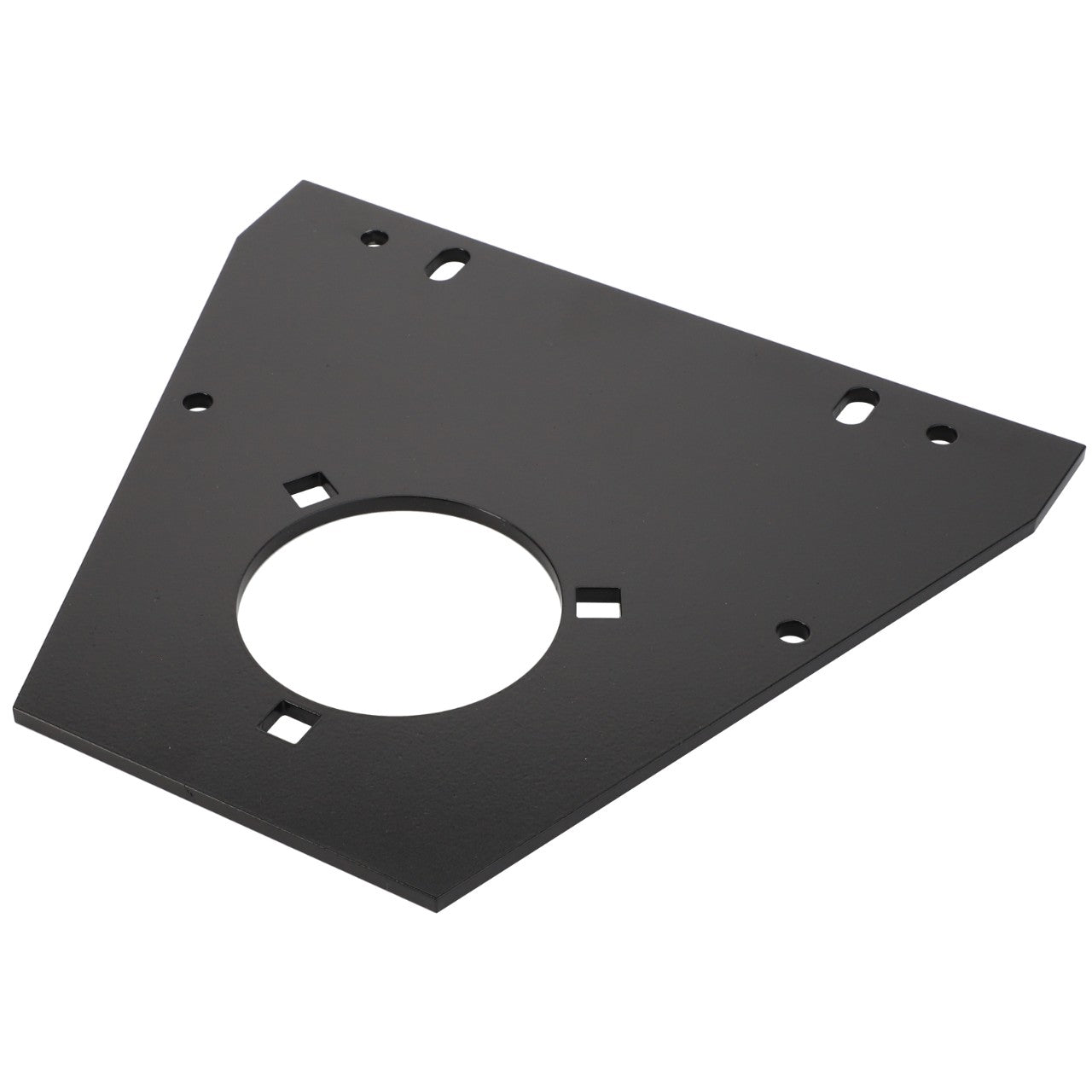 The AGCO | BEARING CARRIER - D28283099 is a triangular metal plate in black with a large central circular hole and several smaller holes around it.