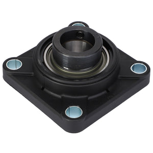 The AGCO | Bearing And Flange Assembly - Acx0149000, viewed from above, exhibits a steel square duct flange with an embedded bearing. The flange includes a central cylindrical opening and four mounting holes positioned at each corner.