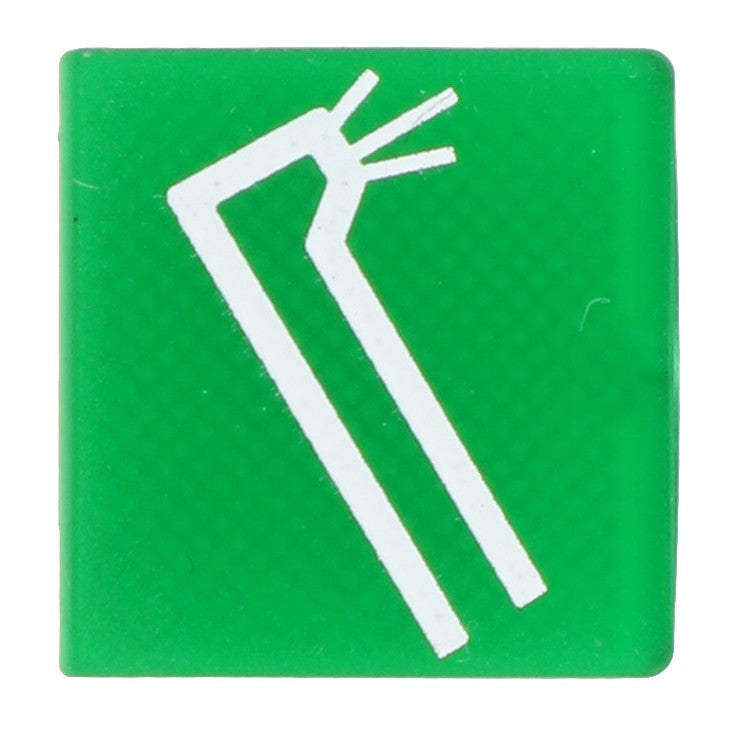 A green square decal branded as AGCO (D28751654) featuring an icon with white bent lines and two small diagonal lines, closely resembling the commonly used emergency exit symbol.