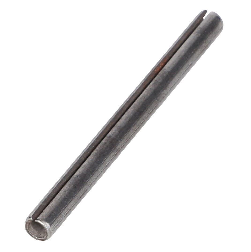 A cylindrical metal pin with a slit running lengthwise along its surface. For more details, refer to our product description for the AGCO ROLL PIN - 63057 or contact our support team.