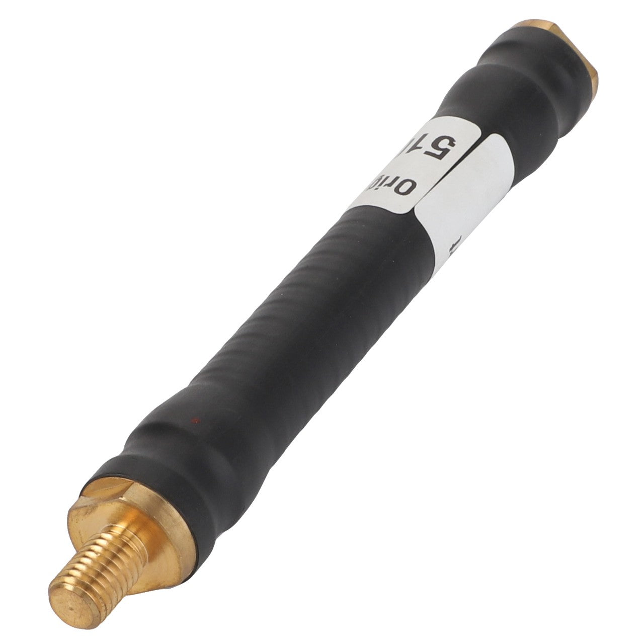 The AGCO ADAPTER - AL5103058 is a black and brass metal tool featuring a threaded end and a white label wrapped around its midsection. Unfortunately, there is no current product description information available.