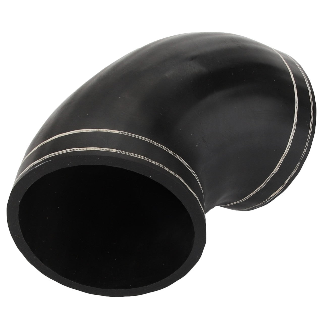 The AGCO Hose - Acw0146580 is a black 90-degree elbow pipe fitting featuring two silver lines around its circumference. No current product description available under the brand name AGCO.