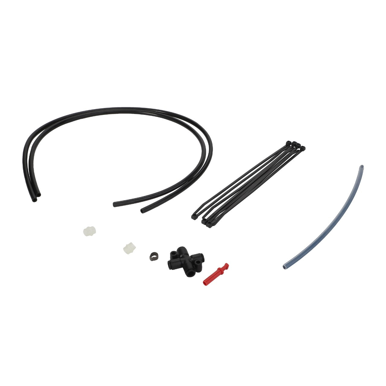 On a white background, you can see the AGCO AIR LINE - F205500035130 along with a variety of hoses, a connector, clips, and zip ties. For questions or ordering inquiries about the AGCO brand product, please contact support.