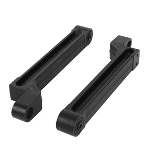 Two AGCO | Arm - Acw0411810 brackets, crafted from black metal with open rectangular structures and circular holes at each end, placed side by side on a white background. No current product description available.