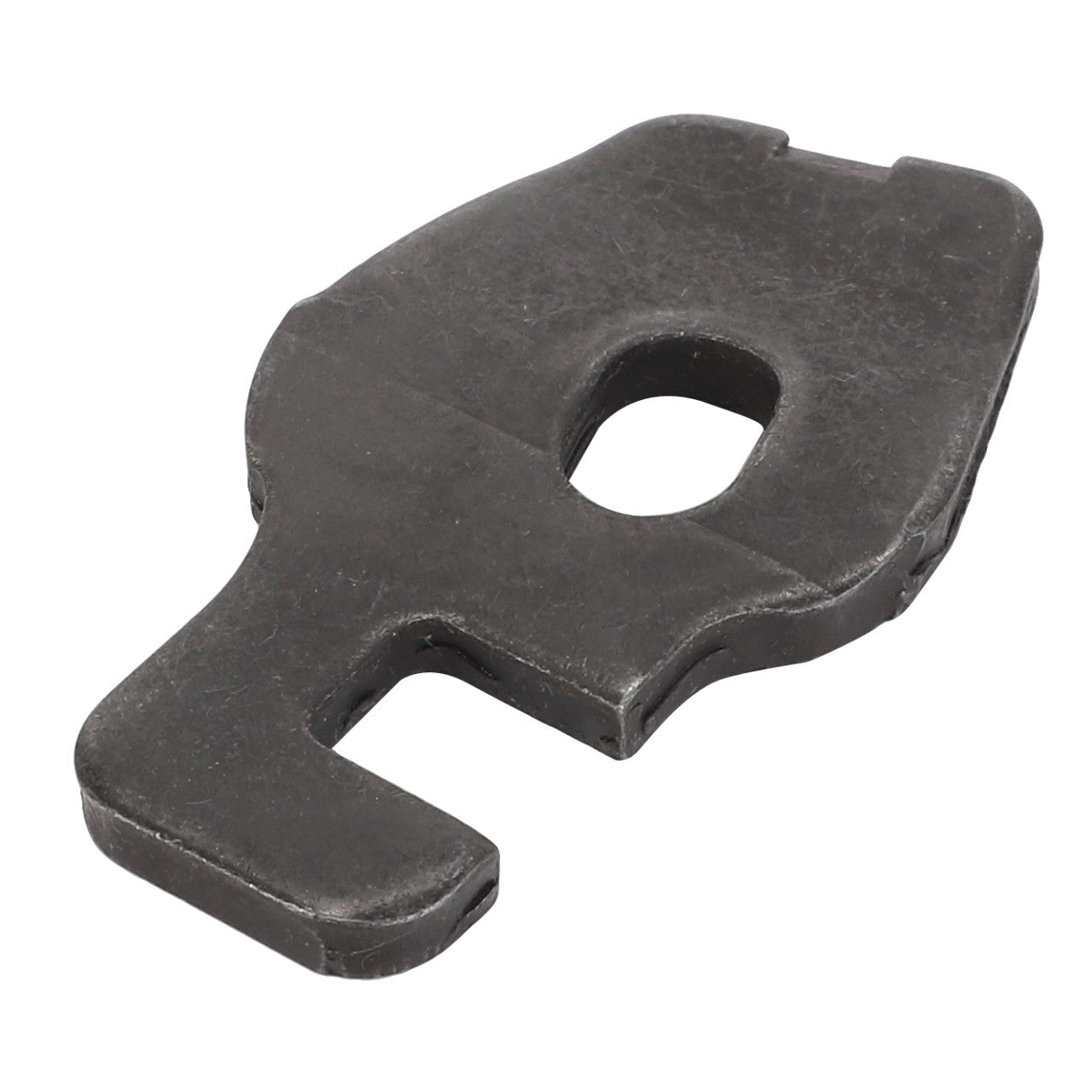 No current product description available for the AGCO | Holder - F206200210040, a black metal locking tab with a central hole and an extended prong on one side.