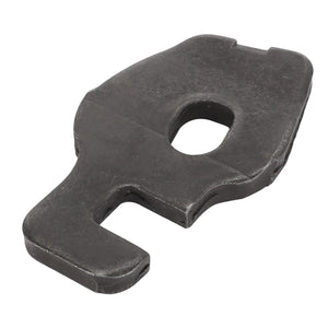 No current product description available for the AGCO | Holder - F206200210040, a black metal locking tab with a central hole and an extended prong on one side.