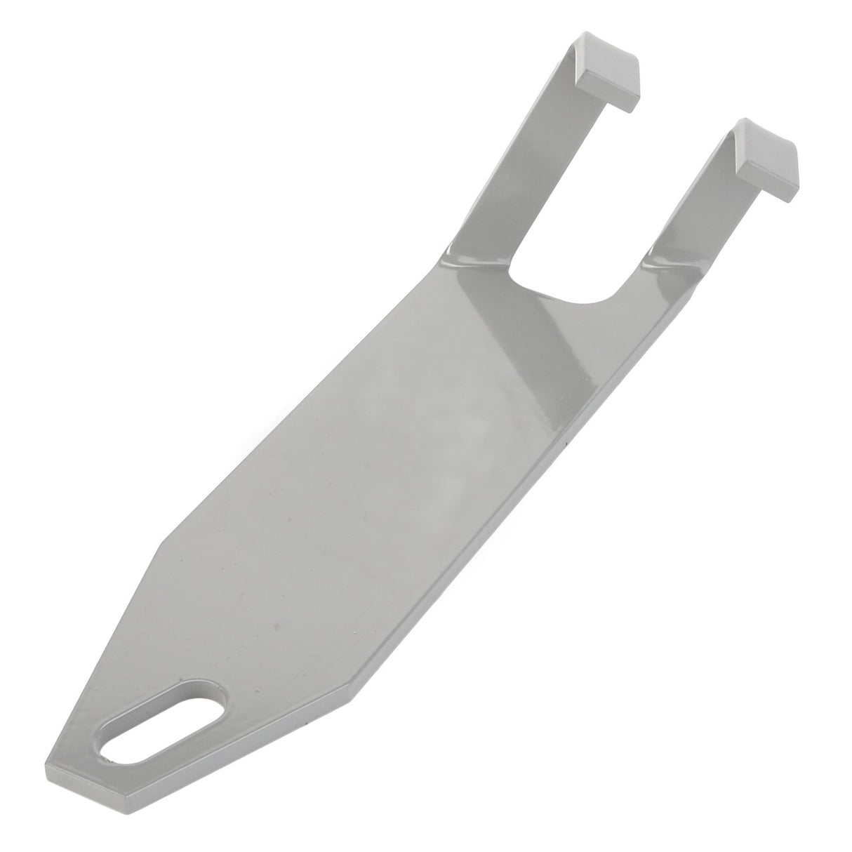 The AGCO | PLATE - D28788591, a flat, metallic bottle opener from AGCO, boasts a sleek, one-piece design featuring a convenient hole at one end for hanging and a V-shaped notch at the other end to effortlessly open bottles.