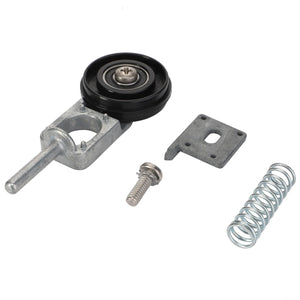 The AGCO Idler - Acw1441560, featuring a metal tensioner assembly with a pulley wheel, bolt, metal bracket, and coil spring, is laid out on a white background. No current product description information available.