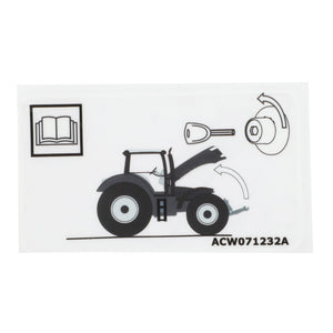 Instructional diagram displaying steps to access the engine of a tractor with the hood open, featuring AGCO | Safety Decal - Acw071232A. Labels include a book icon, key icon, and arrow indicators. No product description provided by AGCO.