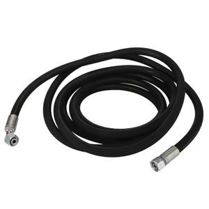 The AGCO Hydr. Hose - Acw878674A is a coiled black hydraulic hose equipped with metal fittings on both ends, specifically designed for fluid transfer in machinery. No additional product description information is available at this time.