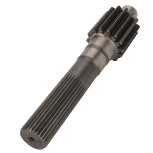 Image of an AGCO Final Drive Pinion - Acw3220900, a metal precision gear shaft with splines and gear teeth, used in mechanical and automotive applications. It is placed against a plain white background.