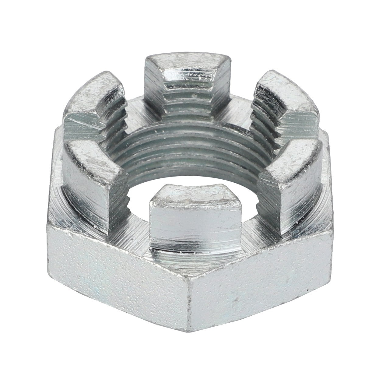 Image of an AGCO | CASTLE NUT - LA10724720, a metal nut with six slots used for securing objects, typically in automotive or machinery applications. No current product description information is available.