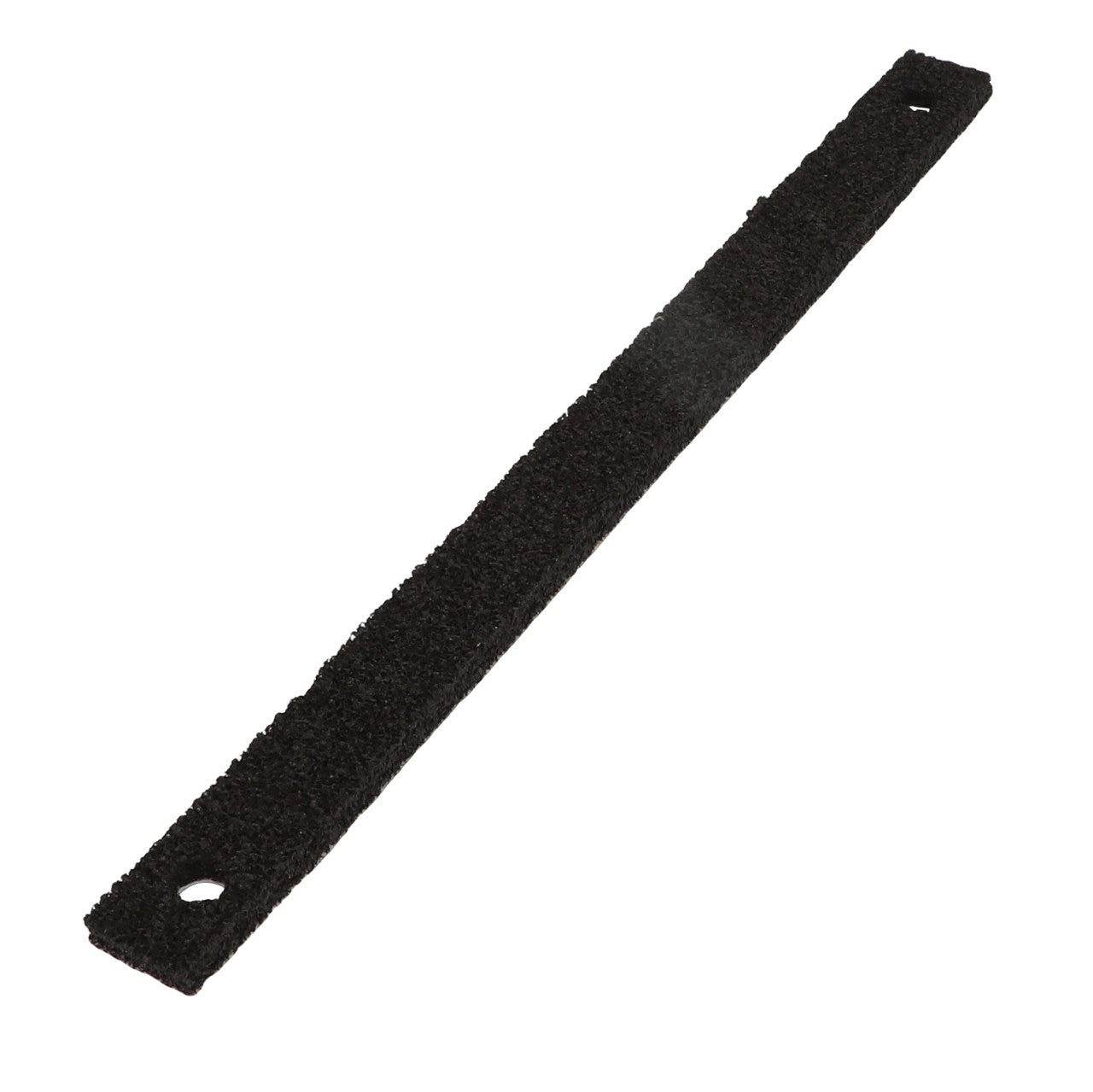 No Product Description Available: AGCO | Gasket - Acp0668930, a black rectangular strip with a textured surface, featuring a hole at each end.