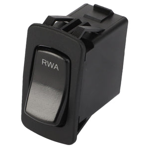 A black rocker switch from AGCO, labeled "RWA" on its surface and designed for seamless panel mounting, known as AGCO | SWITCH - ACY1582000.