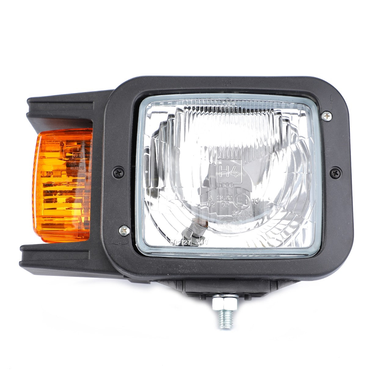 Close-up of an AGCO Genuine Headlight, Right - E400048 featuring a rectangular design with a clear lens in the center and an orange lens on the left side, all mounted in a black housing. This AGCO headlight is crafted for optimum fit, ensuring durability and reliability.