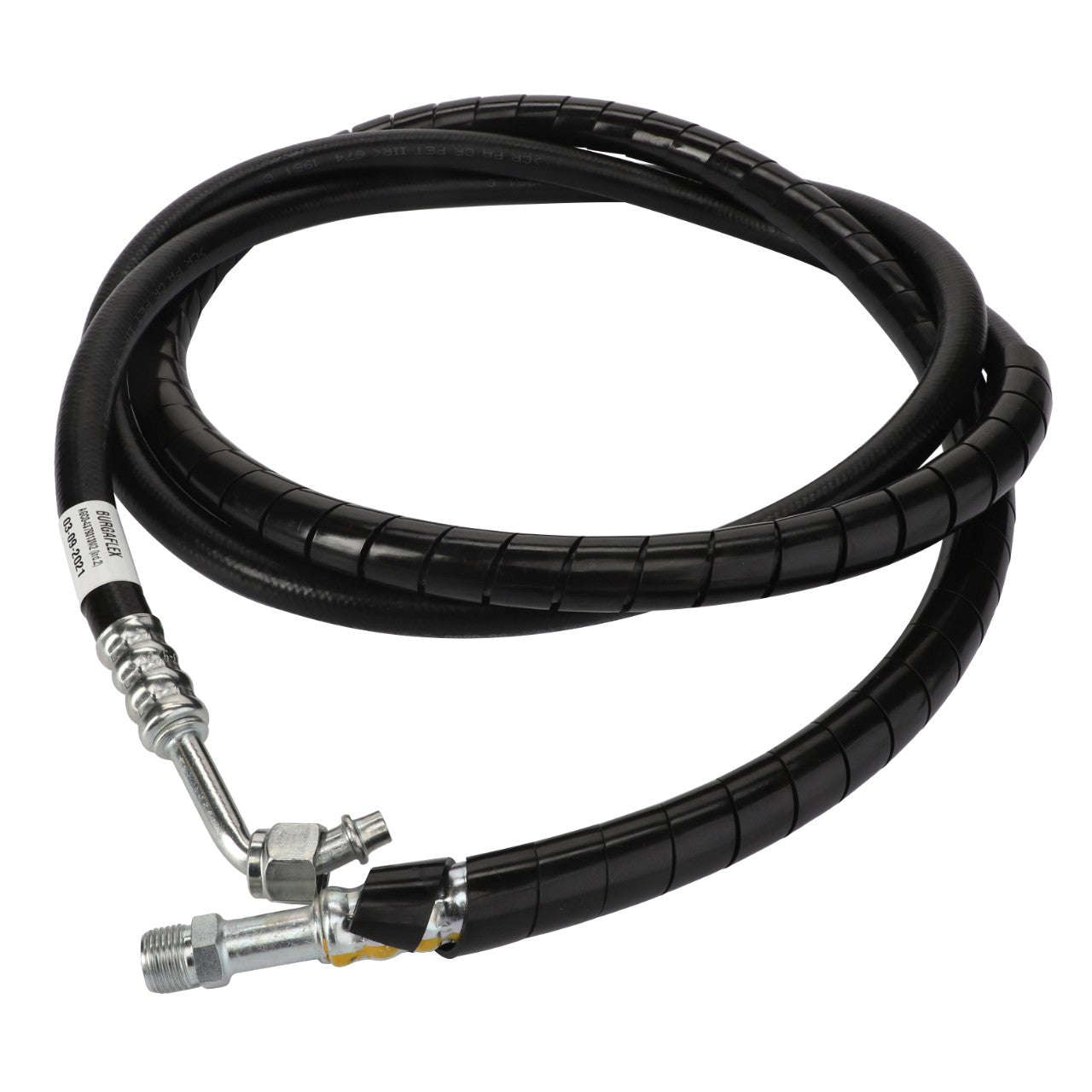 AGCO | Pipe - 4379313M2 is a coiled black hydraulic hose with metal connectors and protective sleeves at both ends, ideal for Fendt Models.