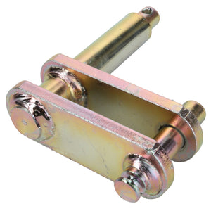 The AGCO | Lever - Fel141749 is a metallic hinge joint equipped with a cylindrical pin and two parallel plates, secured together by bolts. No current product description available.