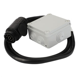 A black AGCO | HARNESS - D28787483 cable with a multi-pin connector is attached to a white junction box featuring two circular ports. No current product description information is available.