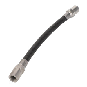 The AGCO Brake Hose - Acw1465580 is a short, black, flexible hydraulic hose equipped with metal fittings on both ends. Unfortunately, no further product description information is currently available.