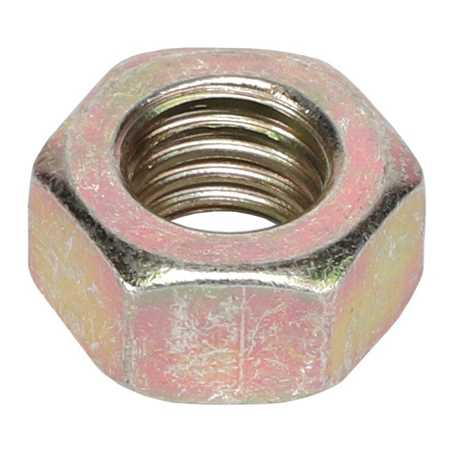 The AGCO | Nut - 1125801 is a metallic hexagonal nut with internal threading, commonly used as a fastener in mechanical and construction applications.