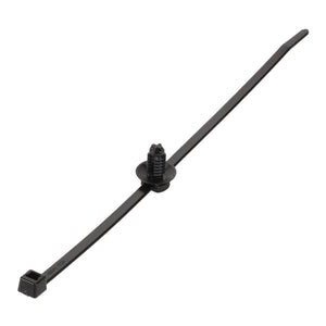 The AGCO Strap - Acp0677280 is a sleek black plastic cable tie, featuring an integrated mounting clip at its center and a robust locking mechanism on one end.