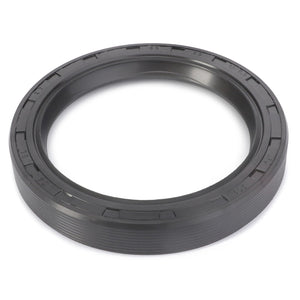 A shaft seal named AGCO | Shaft Seal - F283101150080 from the brand AGCO, featuring a circular black rubber design with ridged edges and numerical markings along the inner rim. No current product description available for similar items.