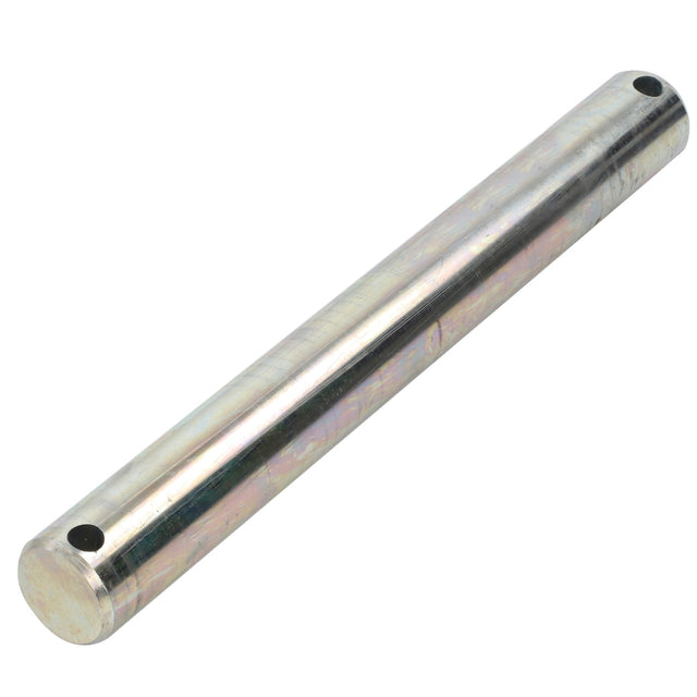 An AGCO Pin - Acp0018010, a cylindrical metal rod with two holes on opposite ends, lying on a white surface.